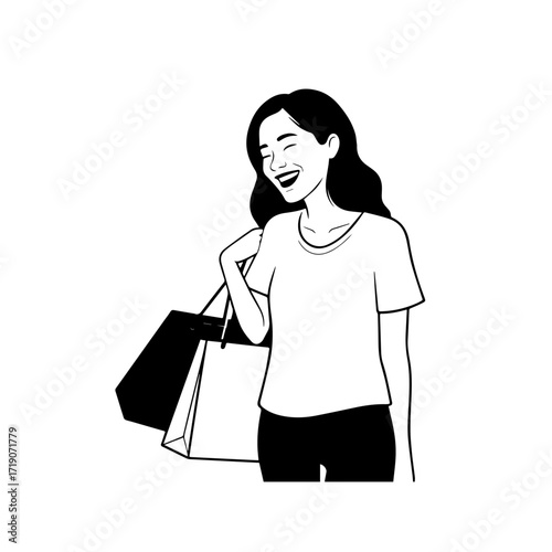 Black and white line art of a beautiful happy woman carrying shopping bags minimalist cheerful illustration