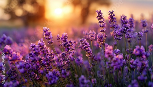 Vibrant purple lavender blossoms bathed in the warm glow of a setting sun, creating a serene and idyllic landscape