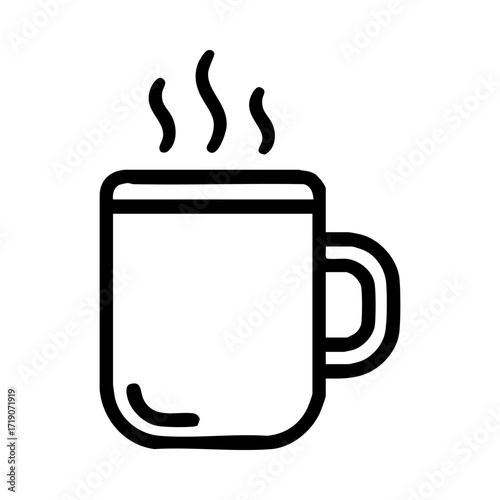 A black and white line drawing of a steaming mug