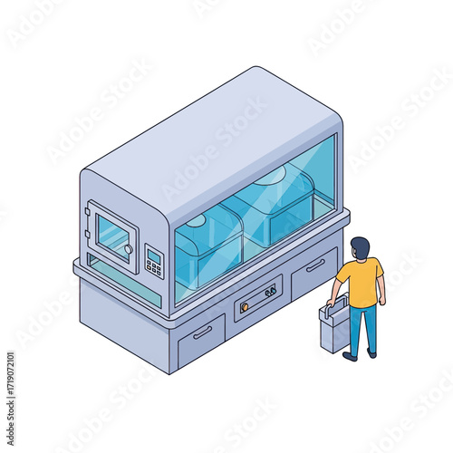 Man with suitcase observes futuristic technological innovation inside a sleek, modern display case, symbolizing progress and exploration.