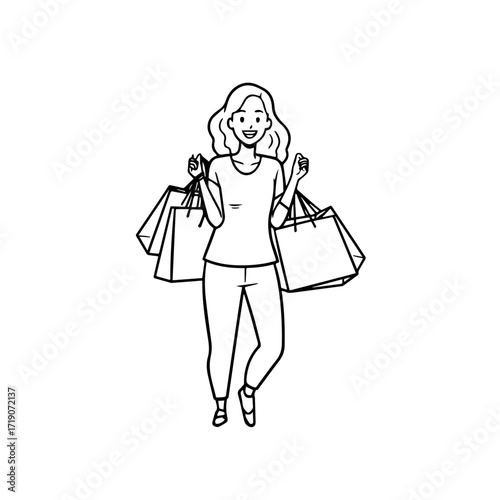 Black and white line art of a beautiful happy woman carrying shopping bags minimalist cheerful illustration