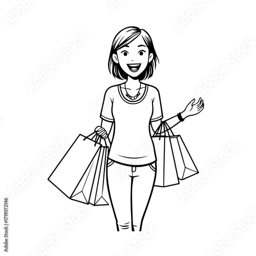 Black and white line art of a beautiful happy woman carrying shopping bags minimalist cheerful illustration