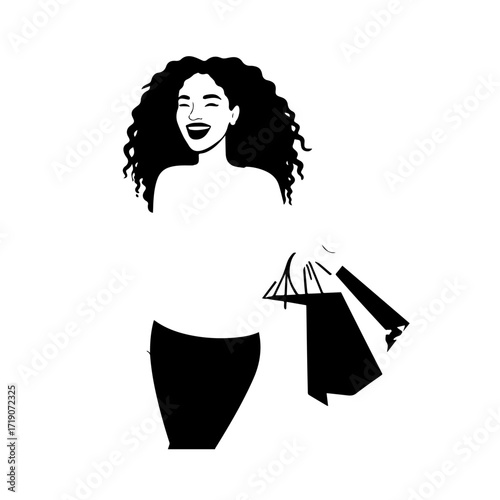 Black and white line art of a beautiful happy woman carrying shopping bags minimalist cheerful illustration