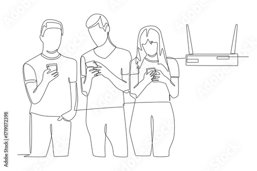 Friends playing smartphone connected on the same network. Friends’ lan concept one-line drawing