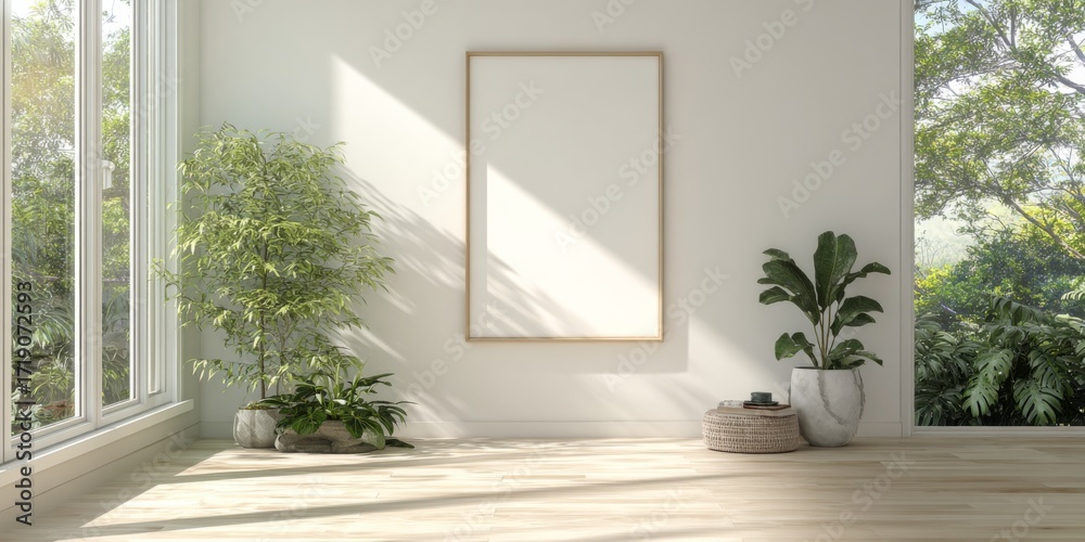 Fototapeta premium Minimalist interior scene with blank frame on wall and greenery in modern home decor setting