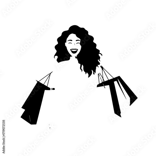 Black and white line art of a beautiful happy woman carrying shopping bags minimalist cheerful illustration