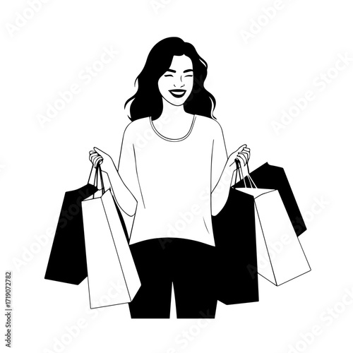 Black and white line art of a beautiful happy woman carrying shopping bags minimalist cheerful illustration