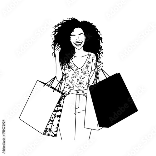 Black and white line art of a beautiful happy woman carrying shopping bags minimalist cheerful illustration