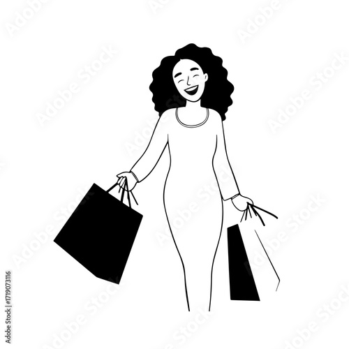 Black and white line art of a beautiful happy woman carrying shopping bags minimalist cheerful illustration