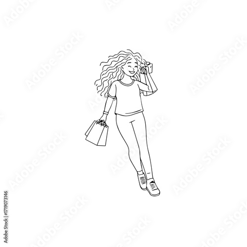 Black and white line art of a beautiful happy woman carrying shopping bags minimalist cheerful illustration