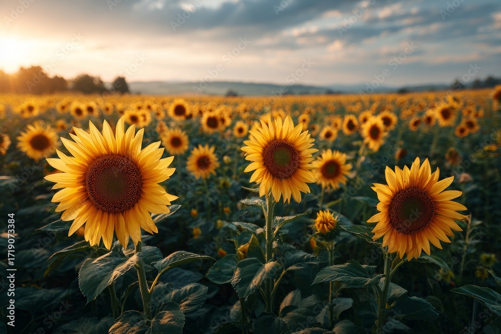 Fototapeta premium Sunflowers filling an agricultural field during golden hour at sunset
