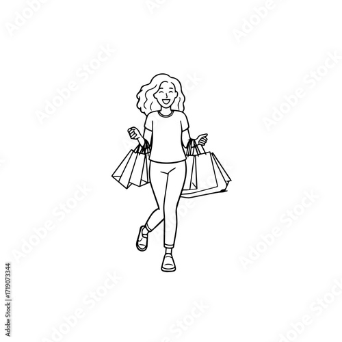 Black and white line art of a beautiful happy woman carrying shopping bags minimalist cheerful illustration