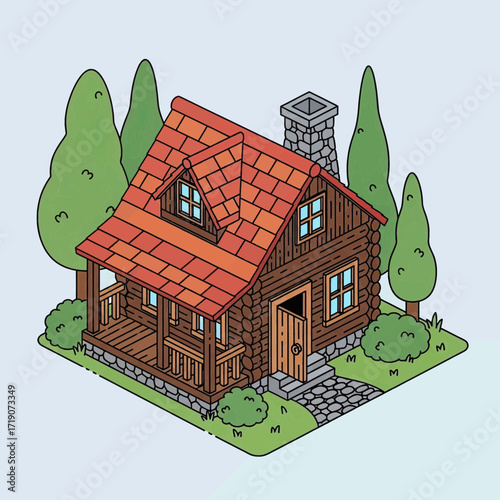 Cozy rustic log cabin nestled amongst evergreen trees and lush foliage, offering a charming retreat and peaceful nature escape.