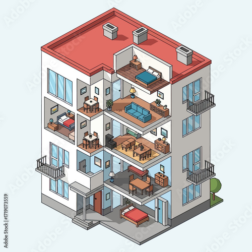 Explore a detailed isometric cutaway of a modern apartment building showcasing multiple living spaces and interior design elements