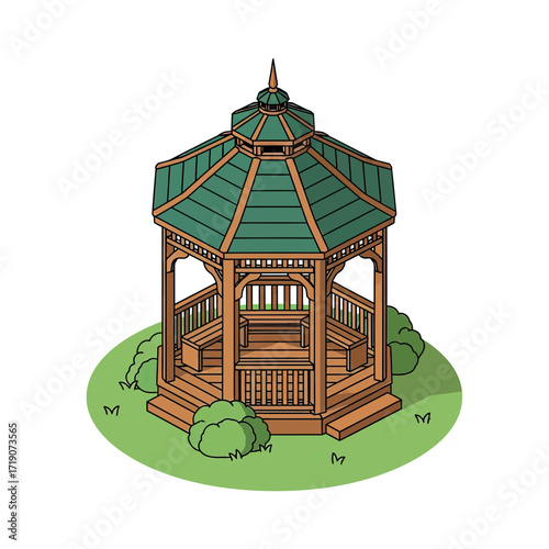 Charming wooden gazebo with green roof perfect for serene garden retreats and outdoor entertaining.