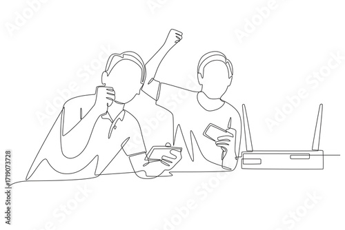 Friends playing mobile games are connected on the same network. Friends’ lan concept one-line drawing