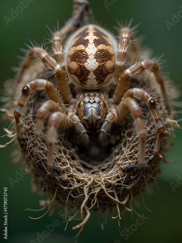 A close up picture of the spider from the downside of the body on its nest