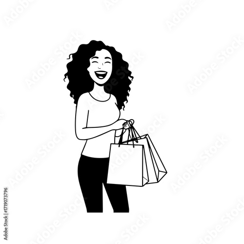 Black and white line art of a beautiful happy woman carrying shopping bags minimalist cheerful illustration