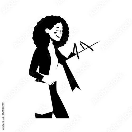 Black and white line art of a beautiful happy woman carrying shopping bags minimalist cheerful illustration