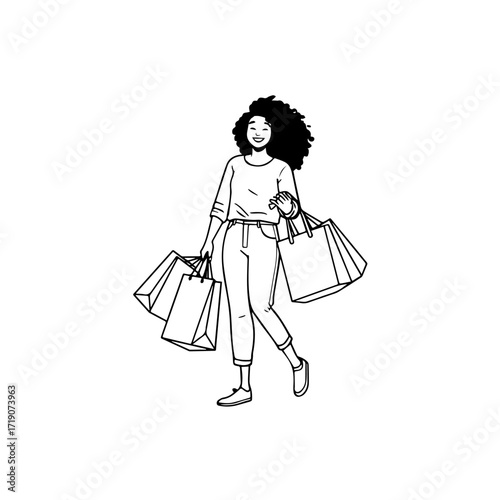 Black and white line art of a beautiful happy woman carrying shopping bags minimalist cheerful illustration