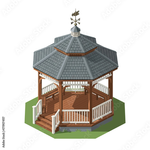 Elegant wooden gazebo with white railings and a peaked roof featuring a vintage weather vane, perfect for garden retreats and outdoor gatherings