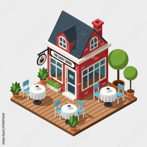 Charming red brick cafe "The Daily Grind" with outdoor seating, inviting patrons to enjoy a coffee break amid lush greenery and cozy ambiance, perfect for urban lifestyle.