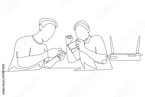 Friends playing mobile games are connected on the same network. Friends’ lan concept one-line drawing