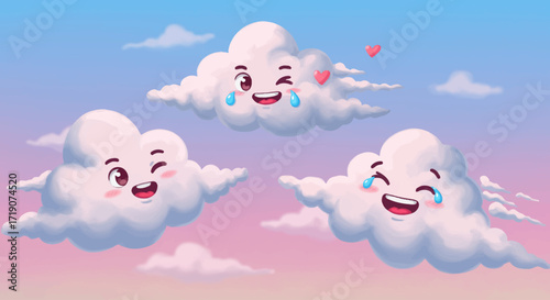 This whimsical digital illustration captures a trio of playful cartoon clouds, each sporting a distinct happy emoji expression, interacting joyfully in a pastel, dreamlike sky. 