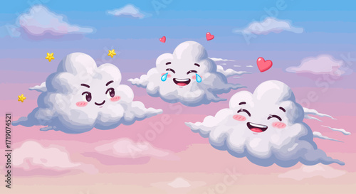 This whimsical digital illustration captures a trio of playful cartoon clouds, each sporting a distinct happy emoji expression, interacting joyfully in a pastel, dreamlike sky. 