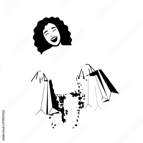 Black and white line art of a beautiful happy woman carrying shopping bags minimalist cheerful illustration