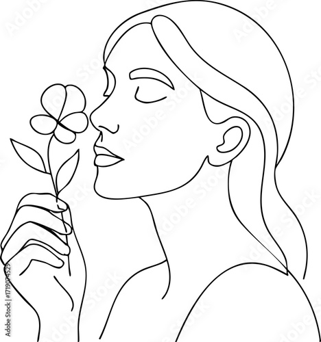 Minimalist woman smelling flower line drawing