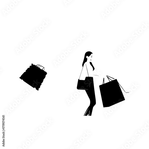 Black and white line art of a beautiful happy woman carrying shopping bags minimalist cheerful illustration