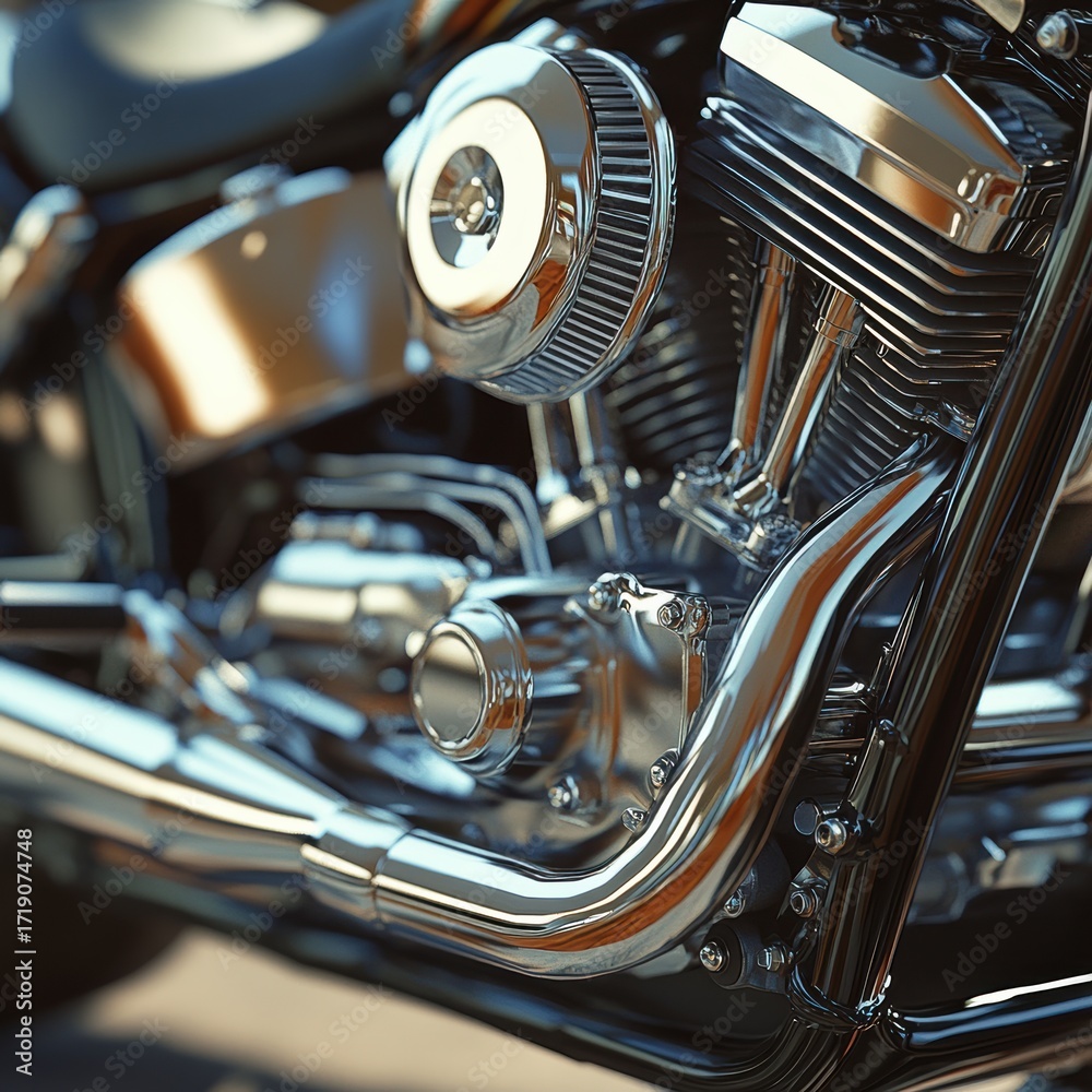 Obraz premium Shiny Chrome Motorcycle Engine Detail Closeup