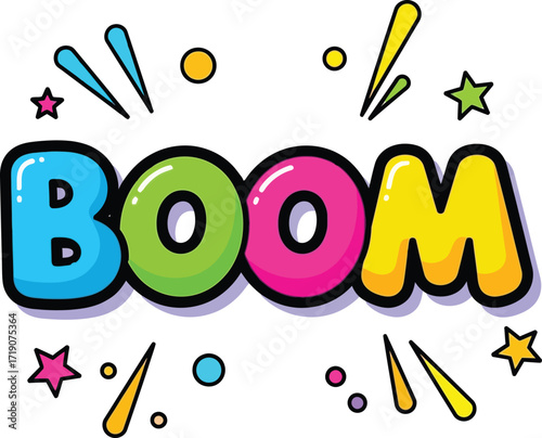 Vector art of colorful word boom with stars and confetti