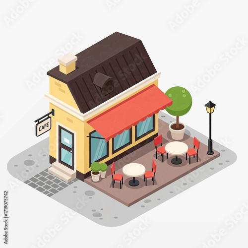 Charming yellow cafe with outdoor seating and red chairs invites patrons for a delightful coffee break experience