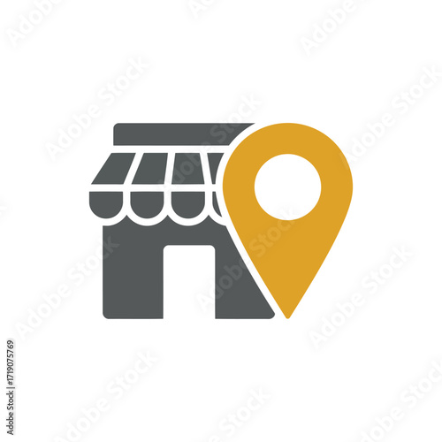 Flat icon of storefront with location pin icon