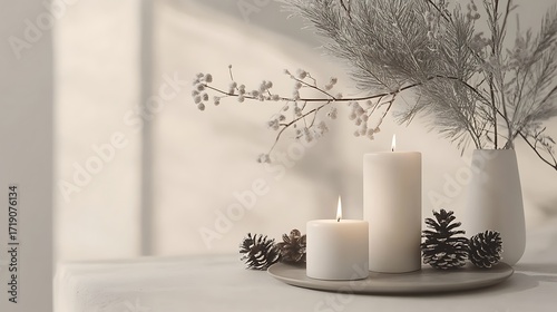 Softly lit candles and winter decor in a vase with natural light