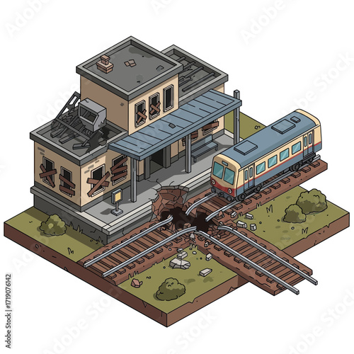 Abandoned train station and platform with train on tracks, evoking urban decay and post-apocalyptic scenes