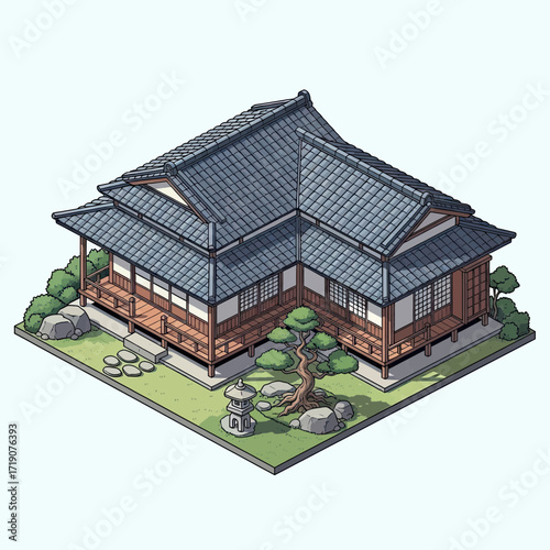 Serene Japanese courtyard showcasing traditional architecture with manicured bonsai and stone lantern, inviting tranquility and cultural immersion for peaceful escapes.