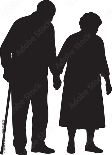 Elderly Couple Walking with Cane Silhouette