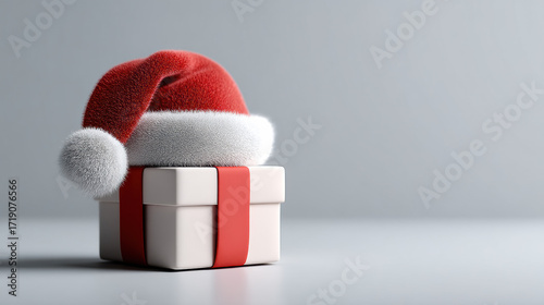 Festive gift box adorned with Santa hat sits on smooth surface, evoking holiday cheer