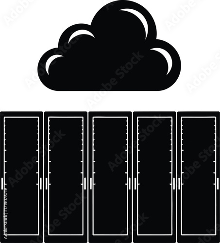 Black cloud hovers over five server racks representing cloud computing and data storage solutions on white background