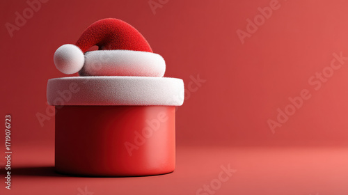 Red gift box with Santa hat on top creates festive holiday atmosphere