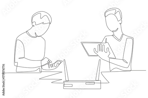 Friends playing smartphone connected on the same network. Friends’ lan concept one-line drawing
