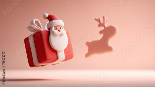 Cute Santa Claus figurine with gift box and reindeer silhouette on soft pink background