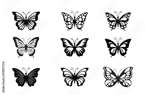 Butterfly silhouette icons collection vector isolated on transparent background