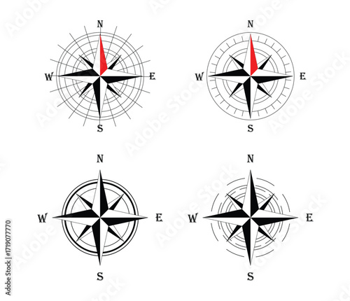 Compass rose navigation direction icons vector isolated on transparent background