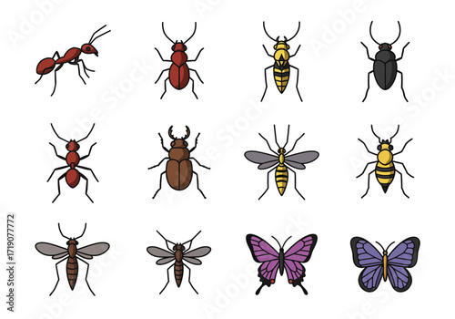 A grid of various insect cartoon illustrations including ants beetles wasps mosquitoes and butterflies