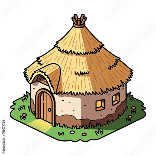 Charming thatched-roof hut nestled in a vibrant green meadow, exuding rustic simplicity and cozy warmth for storybook scenes.