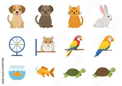 Assorted pet images showcase dogs cats hamsters fish rabbits parrots turtles  a hamster wheel on white